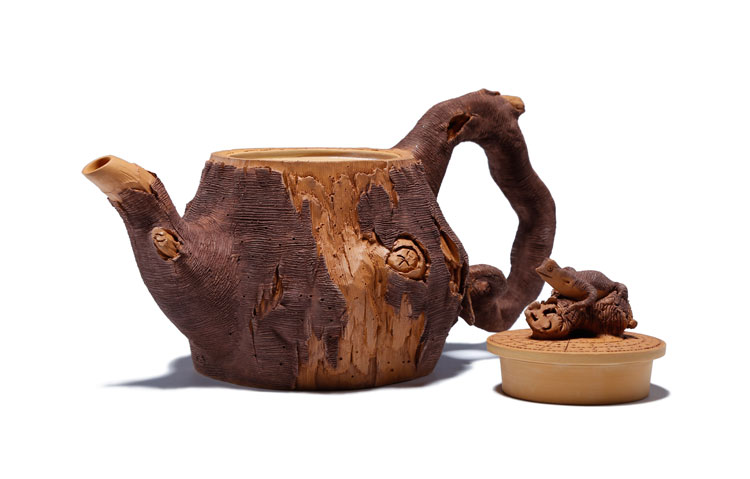 仿木外皮紫砂壺，創(chuàng)意木樁手工雕刻紫砂壺